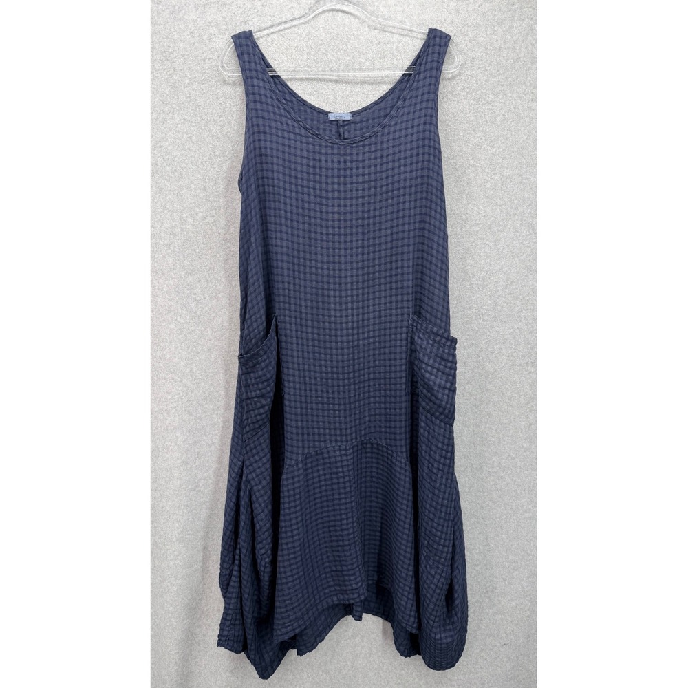 Linnea Dress Womens Small Blue Gingham Lagenlook Cocoon Pockets Sleeveless USA